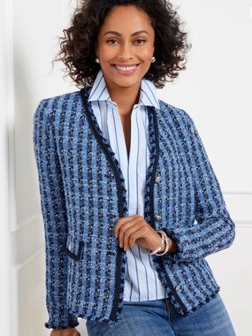 Talbots Light Blue Tweed Plaid Blazer with Braided Trim, Fringe Accents NWT